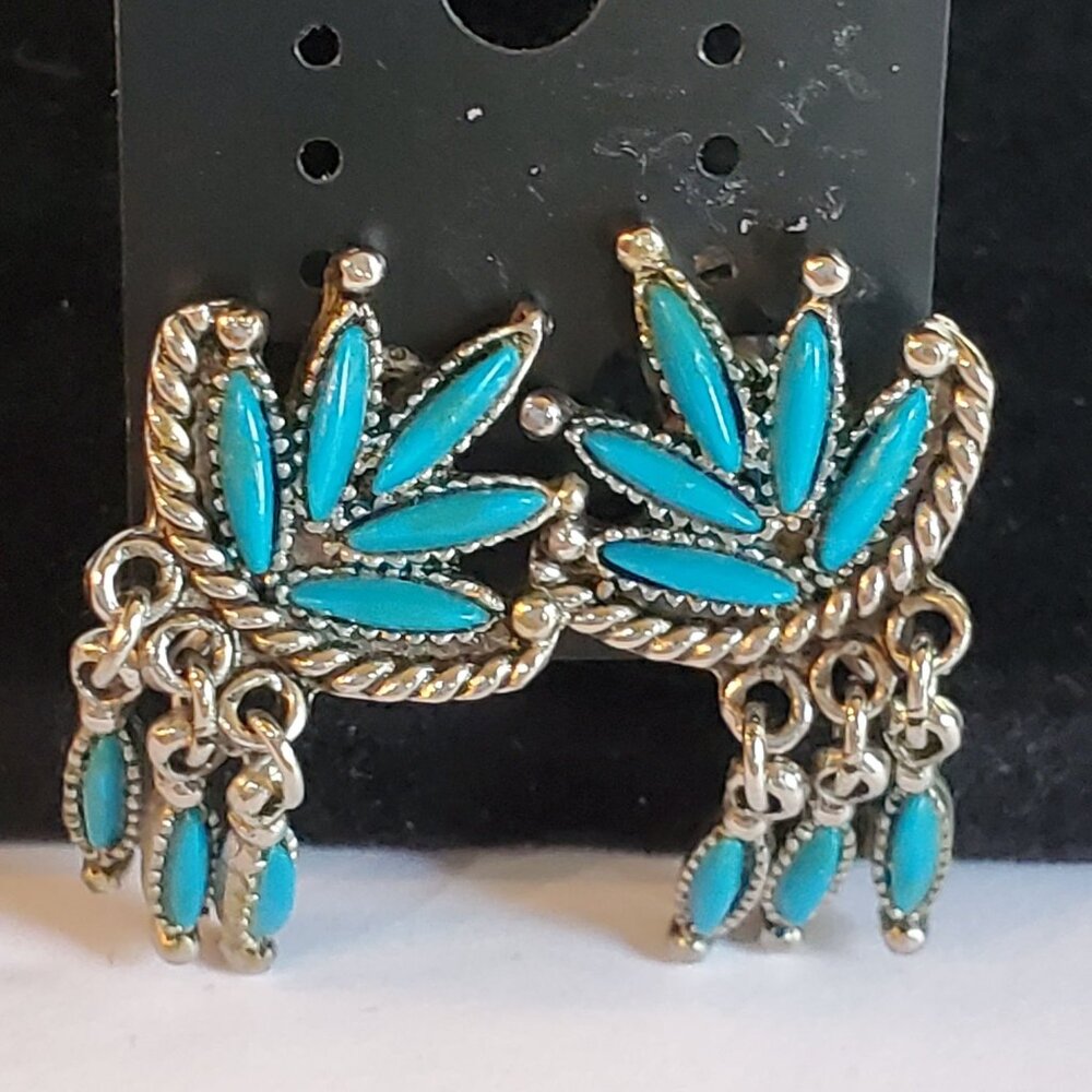 Vintage Southwest Stud Earrings Petit Point Silver Turquoise Screw Back